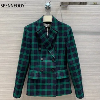 

SPENNEOOY Designer Brand High-End Autumn Winter Vintage Green Plaid Double Breasted Wool Blazer Coat Overcoat Outwear Women