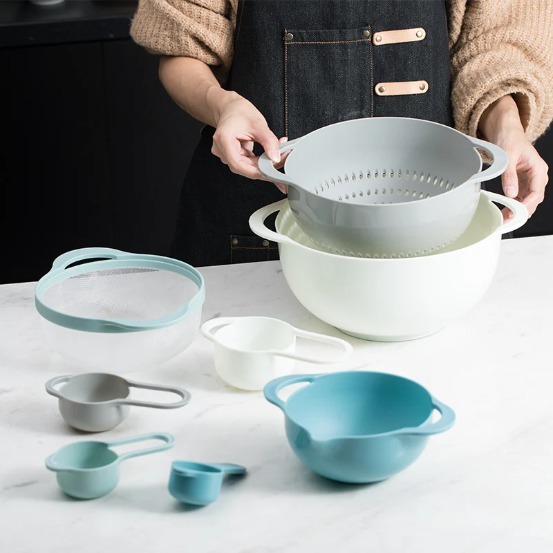 

8pcs/set Plastic Measuring Cup For Baking Scoop Multifunctional Drain Basket Vegetables Fruit Basket Kitchen Baking Tool Set