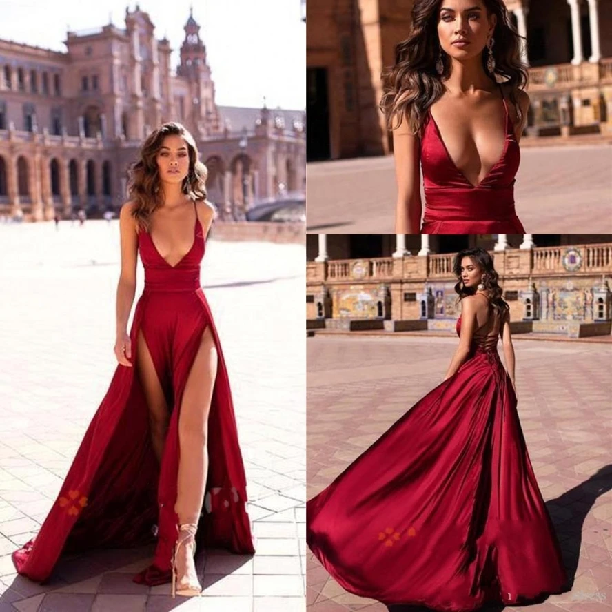 

New Sexy Dark Red Split Evening Dresses 2020 A Line Swing Women Party Casual Dress Prom Gowns vestidos de noiva