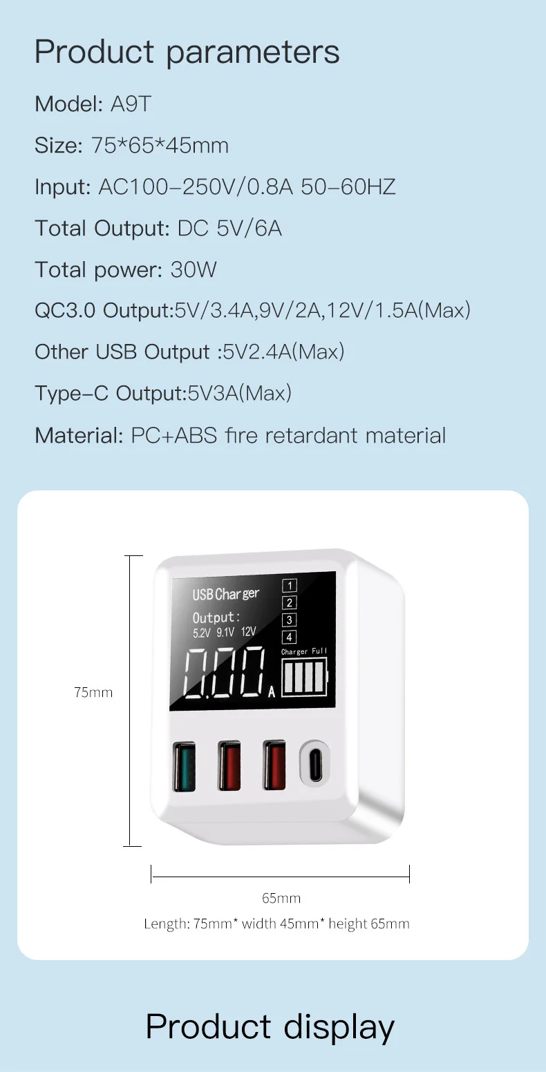 Портативное мини usb type C зарядное устройство 30 Вт Быстрая зарядка 3,0 телефон зарядное устройство светодиодный дисплей usb зарядное устройство для iPhone X samsung дорожный адаптер