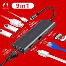 Snowkids type C концентратор док-станция 9 в 1 USB C PD LAN RJ45 HDMI SD TF USB3.0 VGA для MacBook hp Dell huawei Mi samsung Asus ZenBook