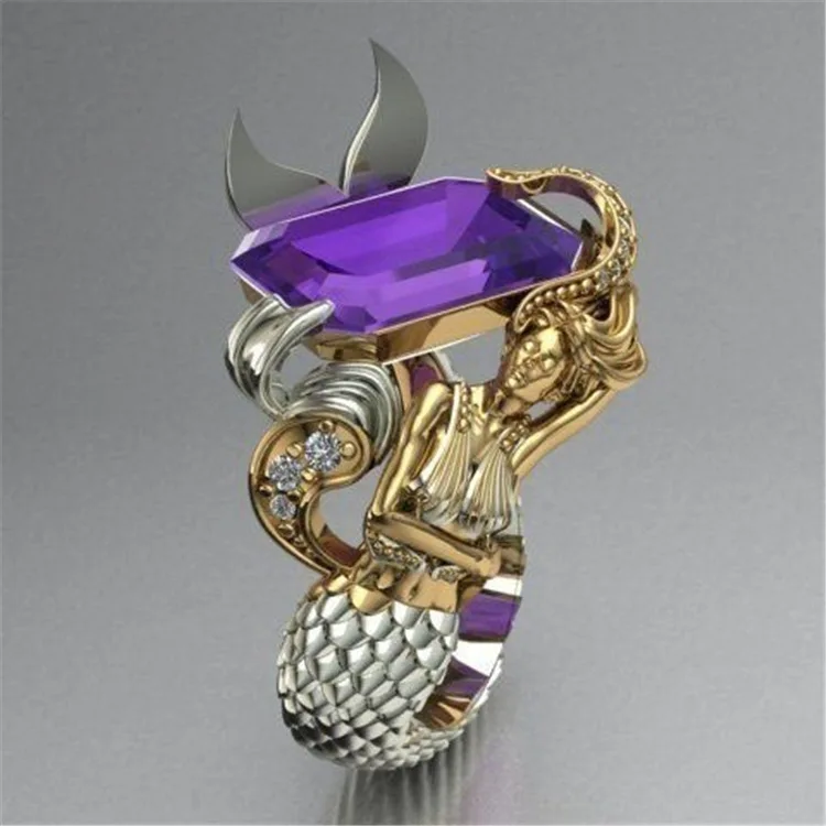 

Creative Personality Two-Tone Mythology Figure Rings For Women Purple CZ Hip Hop Punk Style Mermaid Party Banquet Cocktail Rings