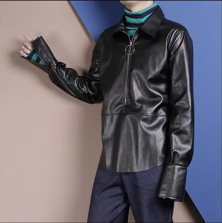 S-6XL! оригинальная металлическая молния, украшение, длинный рукав, лацканы, искусственная кожа, рубашка осень-зима, мужская одежда