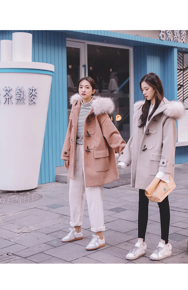 ACZ Toggle средней длины Duffle Coat 19 зимний Корейский стиль женский свободный крой с капюшоном Nagymaros воротник клип хлопок толстый шерстяной J