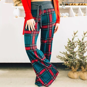 

2020 Spring Bottom Drawstring Plaid Pants Mid-Waist Loose Wide Leg Pants Ladies Casual Trousers Casual Long Pants For Women