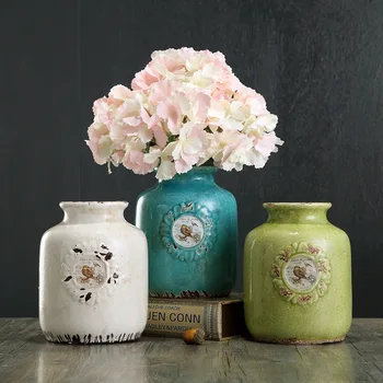 

American Country Mediterranean Home Accessories Board Room Design Props Ceramic Round Vase Combination Floral Blue White Green