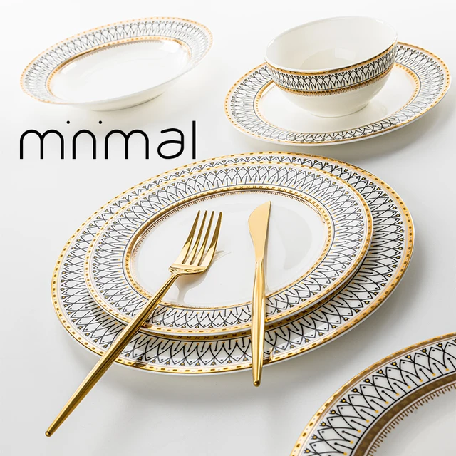 Finom Csont Kerek Aranyütemű Kerámia Vacsora Tányér Porcelán Steak Asztali Edények Rizsleves Tál Kanál Edény Otthoni Dekoráció - Image 5