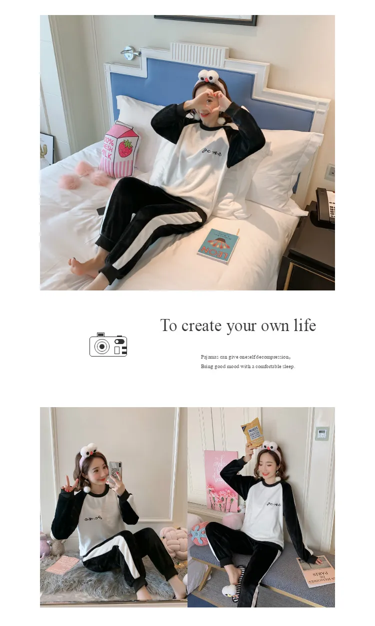 Autumn Winter Women Flannel Pajamas Sets Long Sleeve Warm Coral Female Sleep Set Cartoon Animal Sleepwear Pijama Mujer