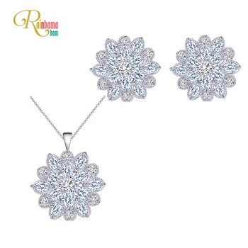 

Rainbamabom 925 Solid Sterling Silver Created Moissanite Gemstone Flower Shape Earrings/Necklace Wedding Engagement Jewelry Set