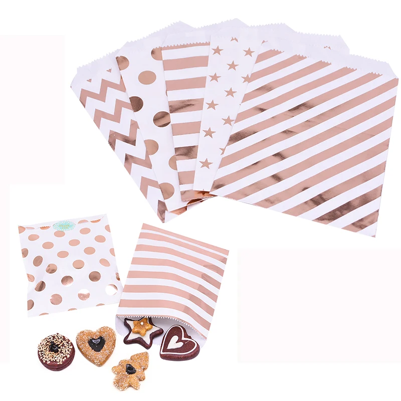 25pcs Rose Gold Paper Bags Gift Bag Treat Candy Bag Wedding Party Favor Food Packing Snack Cookies Chevron Polka Dot Stripe Bags