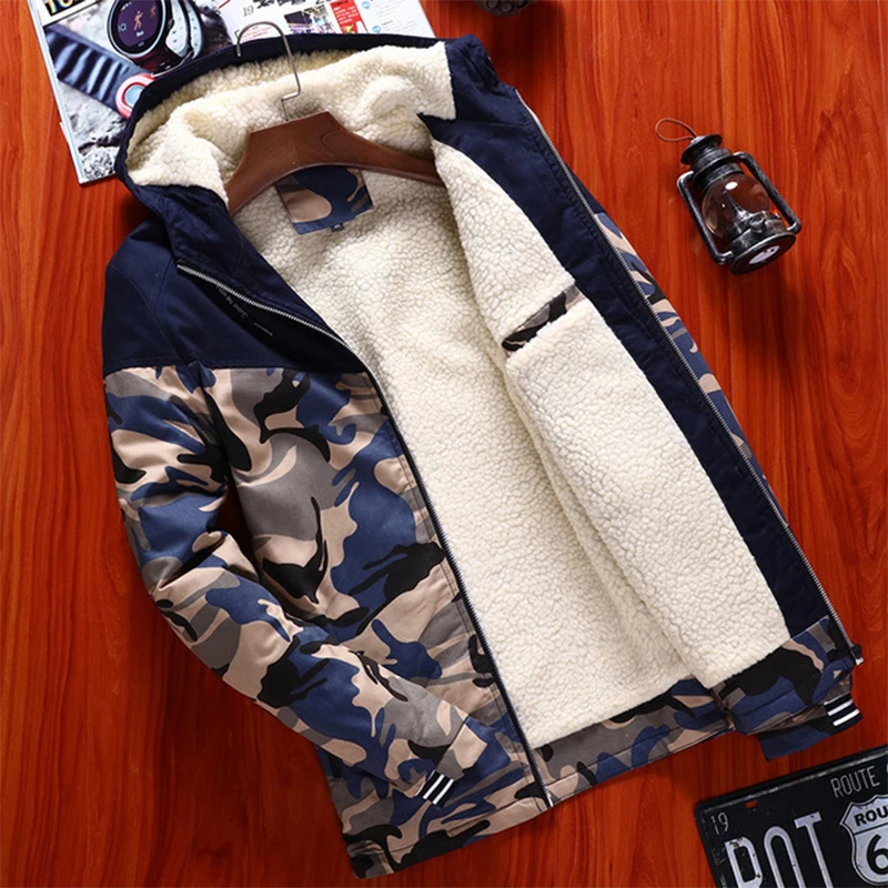 

Men Outdoor Winter Camo Jacket Plus Velvet Thicken Thermal Cotton Large Size Casual Coats Climbing Skiing Camping Hooded Jacket