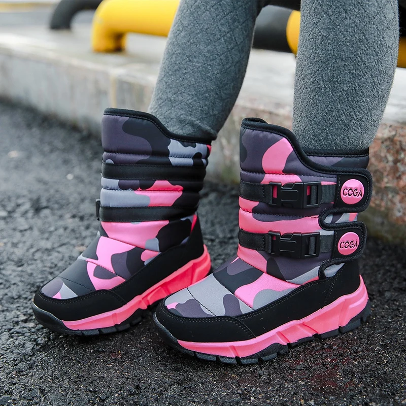 winter camouflage Mid-Calf Super warm girls shoes kids boots snow with fur plush children boys booties Casual waterproof