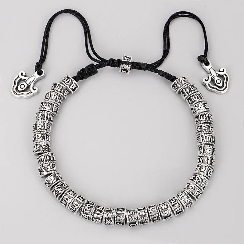 Bracelet Jewelry Tibetan Buddhism Six Words Mantra Bracelet Handmade Rope Knot Amulet Beads Vintage Metal Amulet Beads Bracelet Men Women