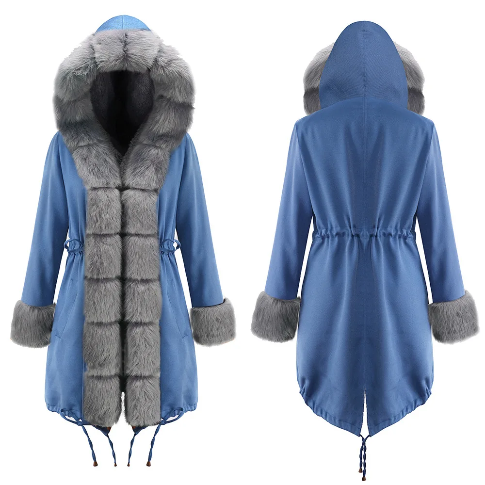 Теплое Женское пальто с меховым воротником, длинное плотное камуфляжное плюшевое пальто с капюшоном, зимняя женская куртка размера плюс, верхняя одежда, парка для женщин - Цвет: Gray blue