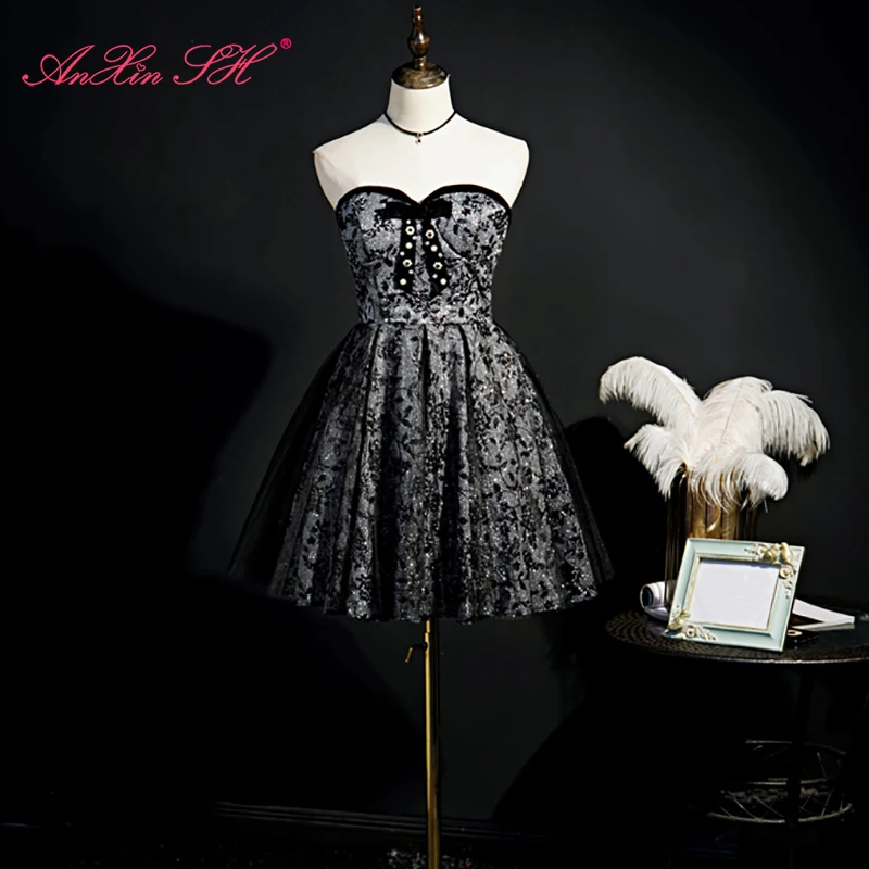 

AnXin SH класса люкс, чёрный цвет, одежда принцессы с цветочным принтом без бретелек платье без рукавов, расшитое бисером, с украшением в виде кристаллов бантик с блестками Вечерние вечернее платье маленькое черное платье