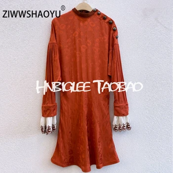 

ZIWWSHAOYU New Female Fashion Spring 100%Silk Mini Dress Women's Puff Sleeve Floral Jacquard Elegant Vintage Red Party Dresses