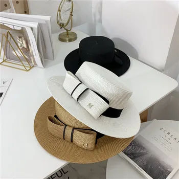 

Woman Summer Hat Bow Cap Retro Small Fragrant Flat Top Hat Elegant Temperament M Summer Sun Protection Travel Straw Hat Women