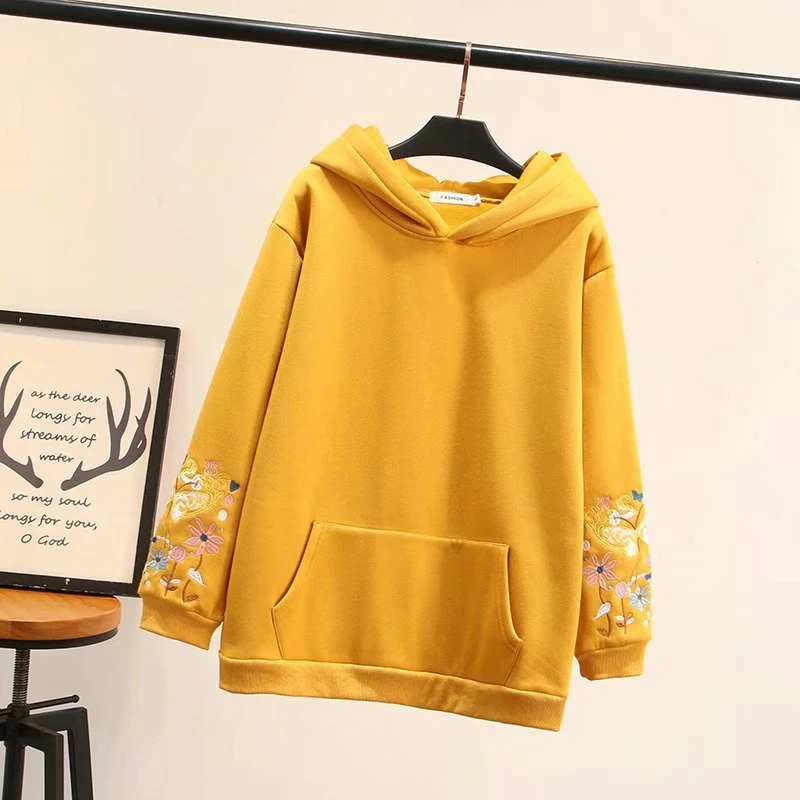 Plus Size XL-4XL Black Yellow Hooded Hoodies Long Sleeved Thicken Autumn Winter Outwear Casual Tops