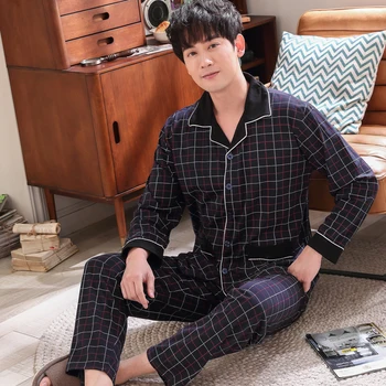 

Spring 100%Cotton Men Pajama Sets Striped Pajamas Long Sleeve Casual Two Pieces Set Mens Pyjamas Plus Size 3XL Male Sleepwear