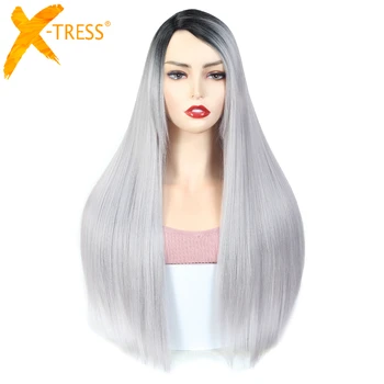 

X-TRESS Ombre Grey Color Synthetic Hair Wigs With Bangs Long Straight Side Part Glueless Heat Resistant Machine Wig For Women