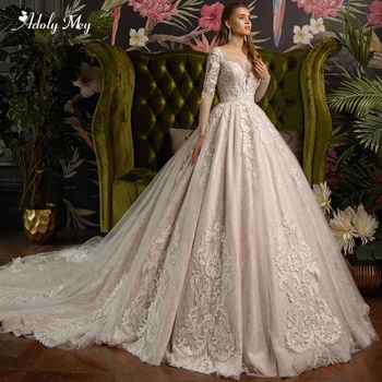 

Adoly Mey Gorgeous Appliques Court Train Lace Ball Gown Wedding Dresses 2020 Charming Scoop Neck Long Sleeve Vintage Bride Gown