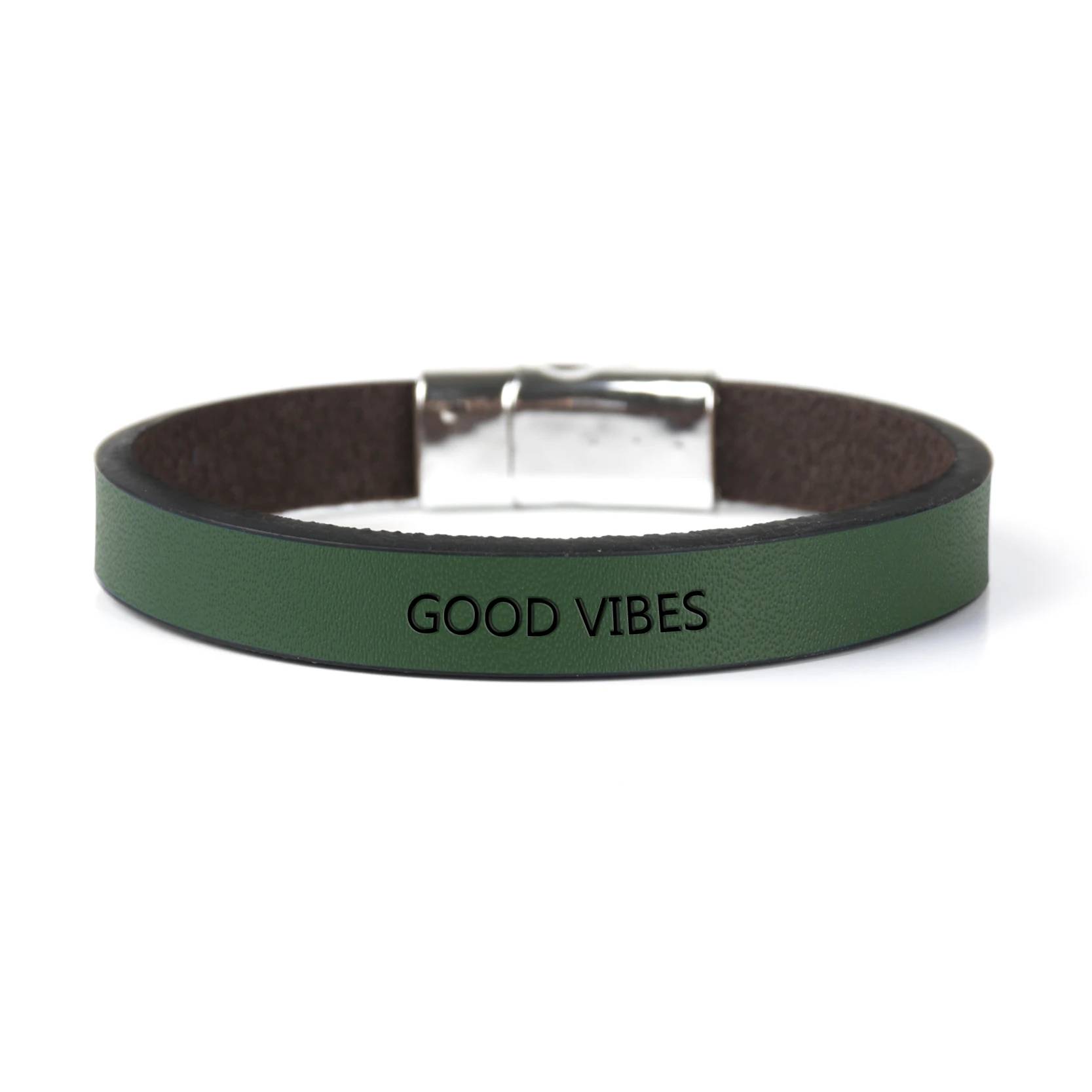 Green GOOD VIBES вдохновляющее сообщение Выгравированная манжета браслет магнитная пряжка ювелирные изделия Модные кожаные браслеты подарки - Окраска металла: Green