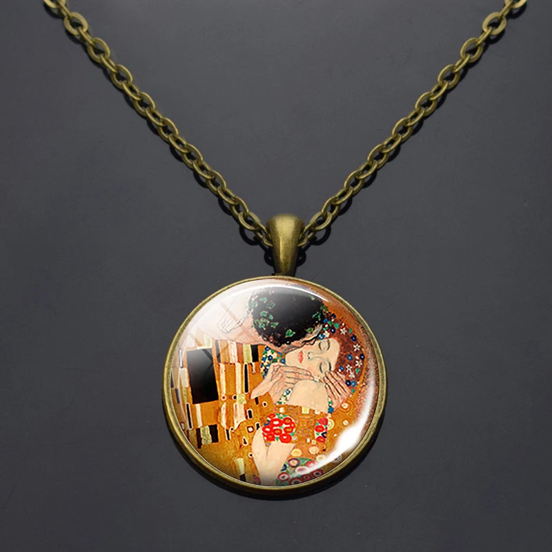 Ретро стиль бронзовая цепь ожерелье Gustav Klimt стекло для рисования кулон из кабошона ожерелье искусство ювелирные изделия подарок для женщин - Окраска металла: as show