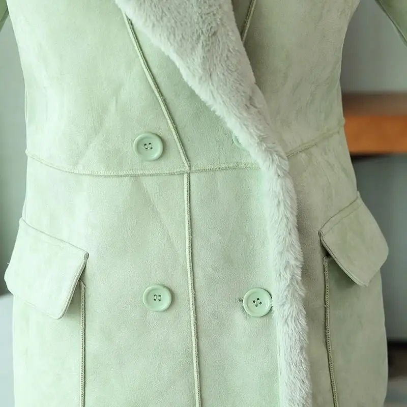 Женское замшевое меховое зимнее пальто, модная Толстая длинная куртка из искусственной овчины, пальто на пуговицах, Женские однотонные теплые тренчи