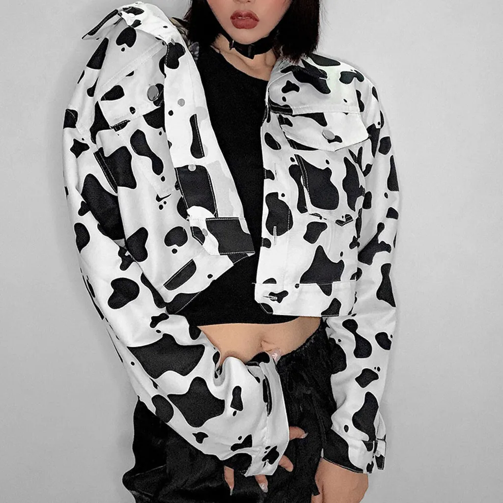 

Women Casual Denim Jackets Cardigan Button Crop Top Jeans Jacket Female Bomber Casaco Feminino milk cow print Coat Streetwear