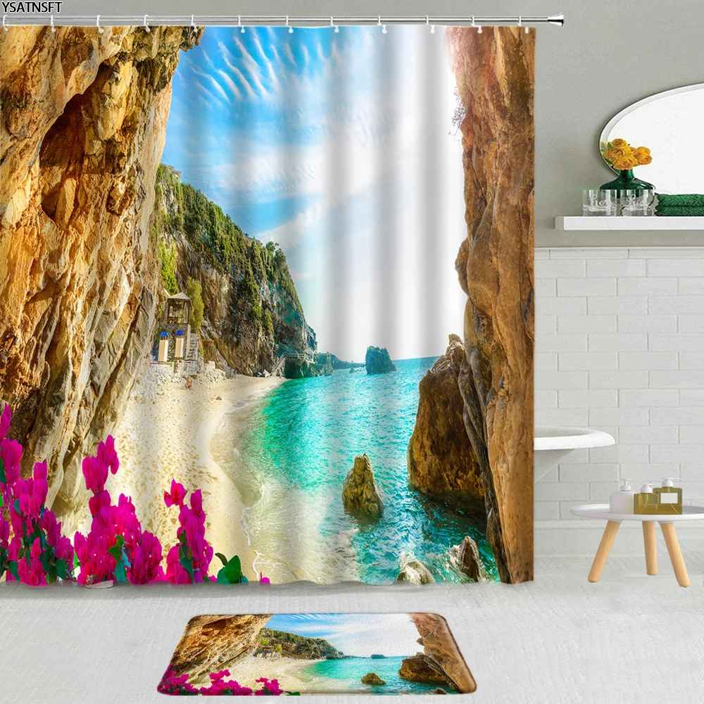 

2Pcs Beach Reef Ocean Flower Shower Curtain Shell Heart-Shaped Cave Landscape Bathroom Non-Slip Bath Mat Curtains Set Home Decor