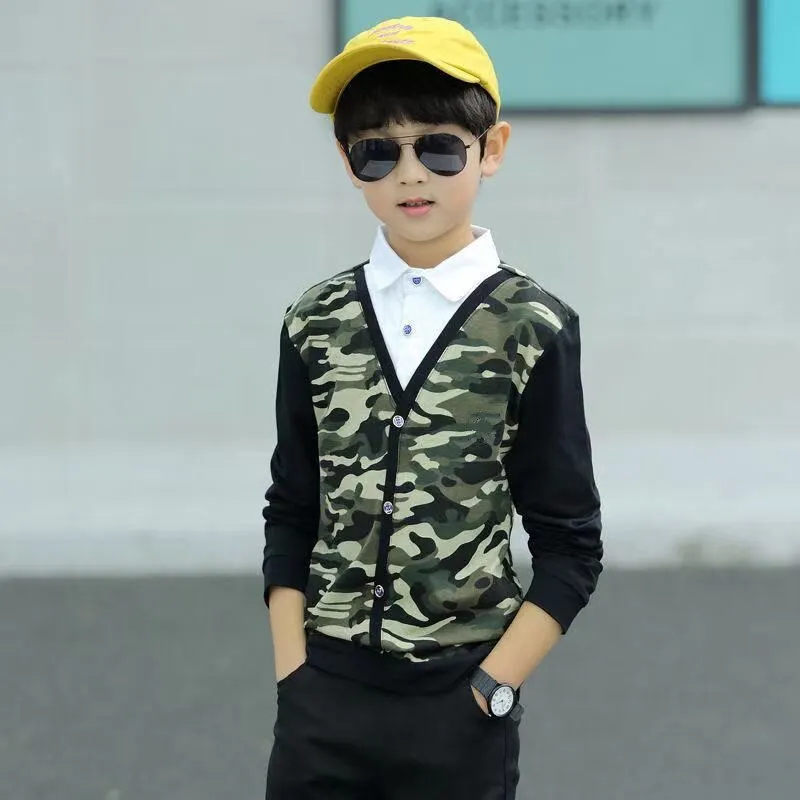 

2020 Spring Autumn Boys Fashion Fake Two-piece Camouflage Shirt Collar Sweater