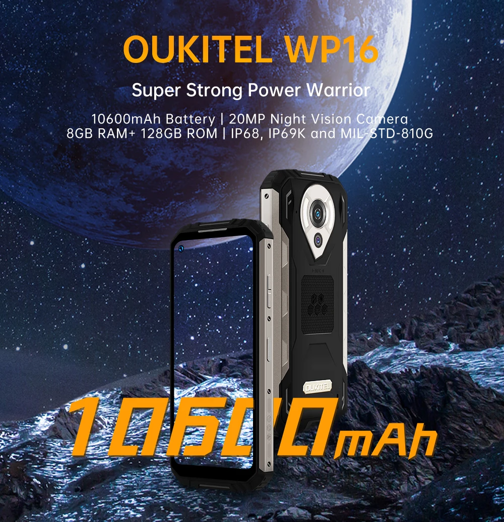 Oukitel WP16 Rugged Smartphone 6.4" 8GB + 128GB 10600mAh Octa Core Mobile Phone 20MP Camera Helio P60 Cell Phone NFC ram memory