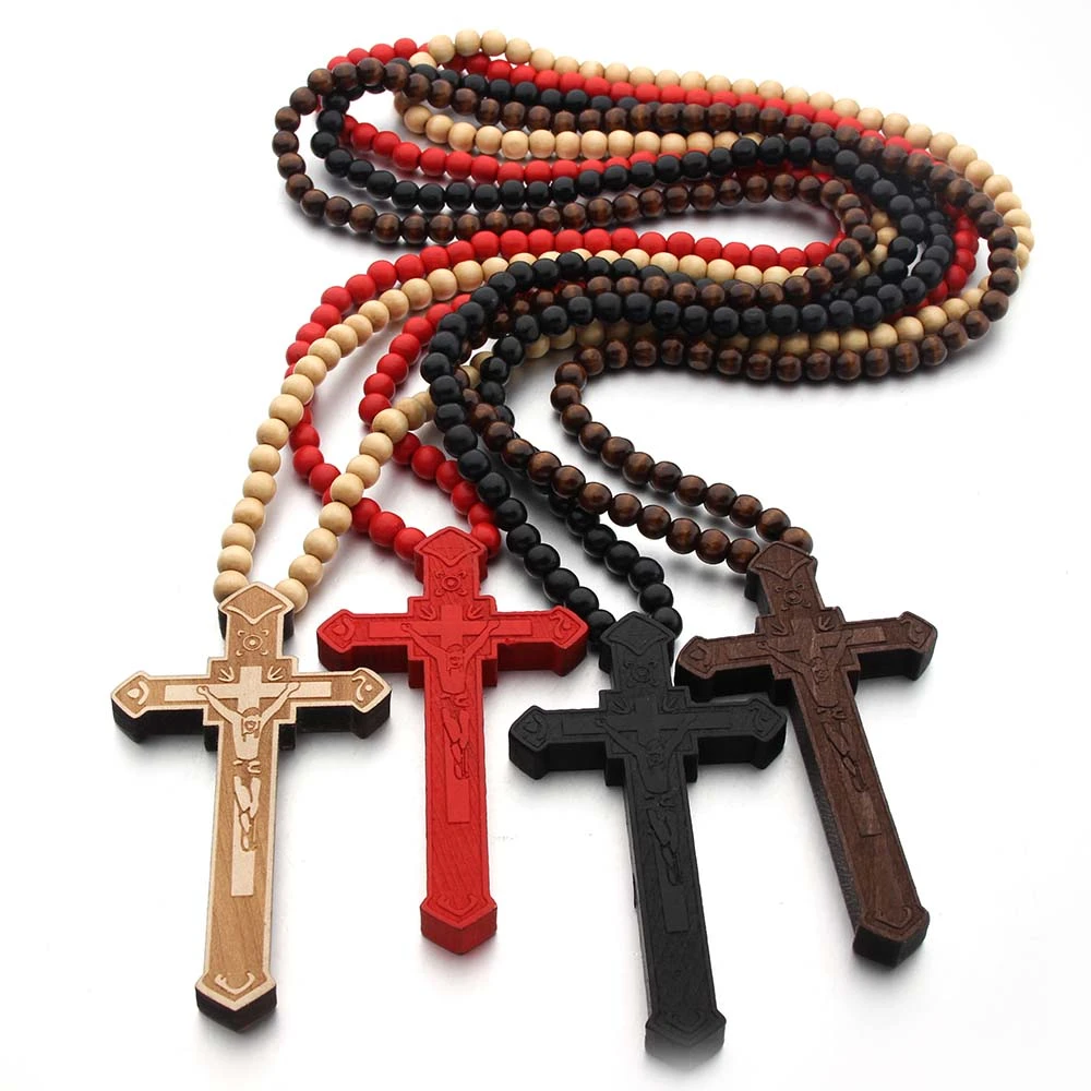 SWAOOS Boy Large Wood Catholic Jesus Cross with Wooden Bead Carved Rosary Pendant Long Collier Statement Necklace Men Jewelry 