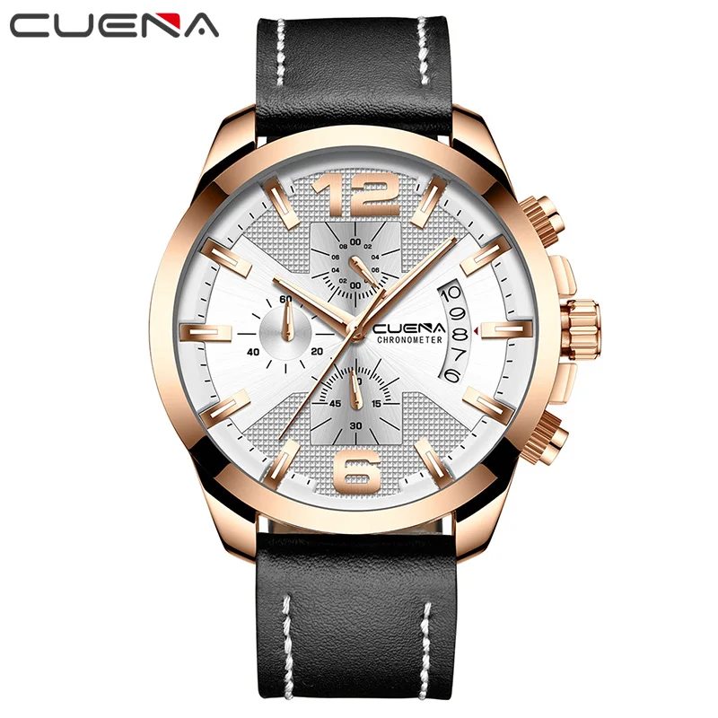 CUENA, кварцевые часы для мужчин, секундомер, светящийся кожаный ремешок, водонепроницаемые спортивные часы, мужские наручные часы, мужские часы - Цвет: Black White