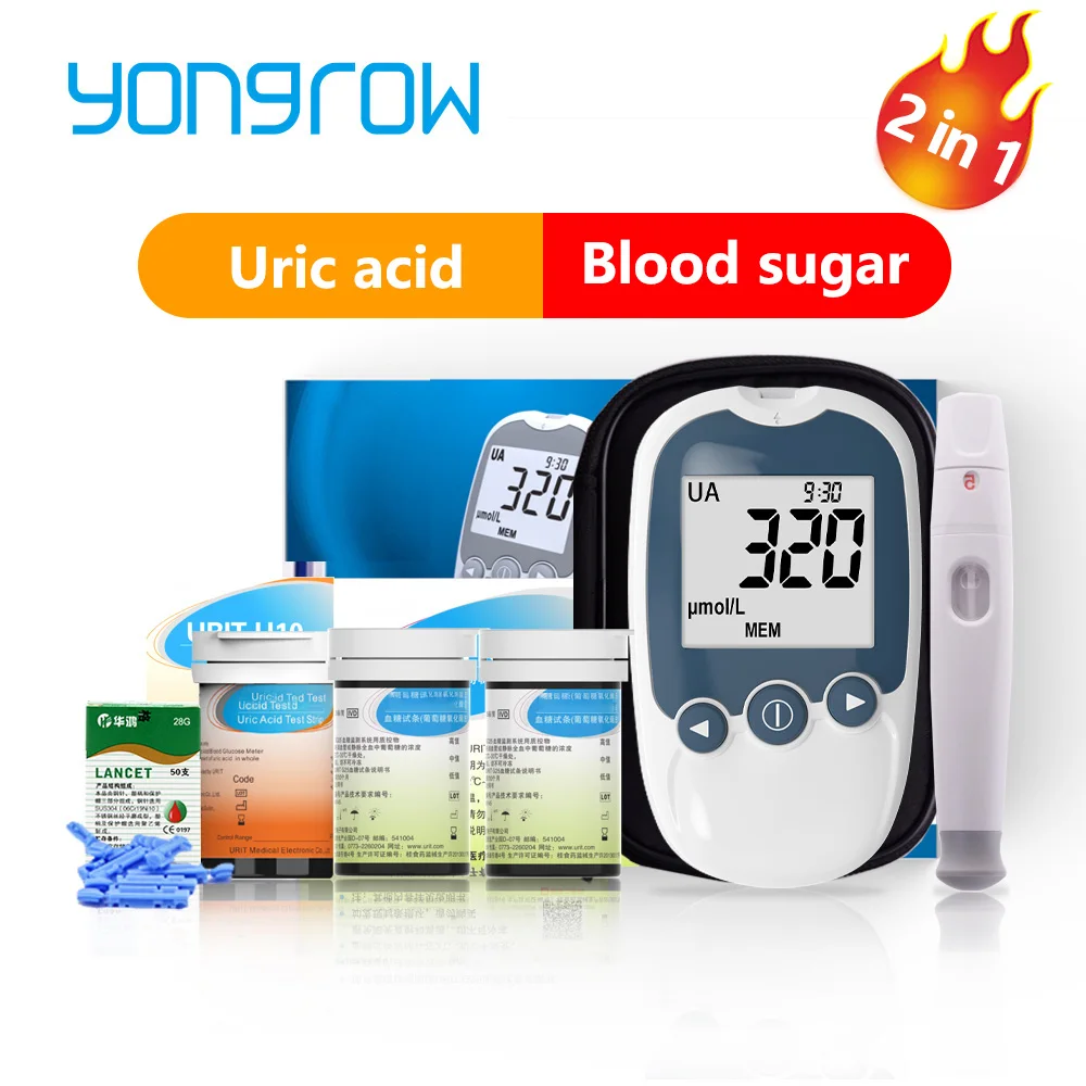 Yongrow medical 2in1 Uric Acid & Blood Glucose Meter for Diabetes Gout  Tester Monitor Device 