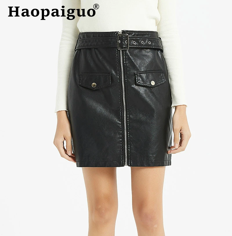 

2019 Modis Winter Autumn Women Black PU Leather Pencil Skirts High Waist Mini Short Skirt Stretch Party Vestidos S-XXL Plus Size