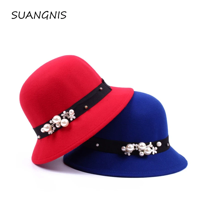 

2019 New Pearl accessories Jazz hat wool Fedoras cap Basin of dome woolen cloth hat female cloth Basin cap free shipping