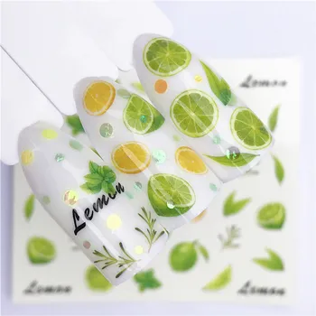 

1Pcs Green Lemon Fruit Christmas Nail Stickers Flowers Plants Water Decal Plant Pattern 3D Manicure Sticker Nail Art Decoration