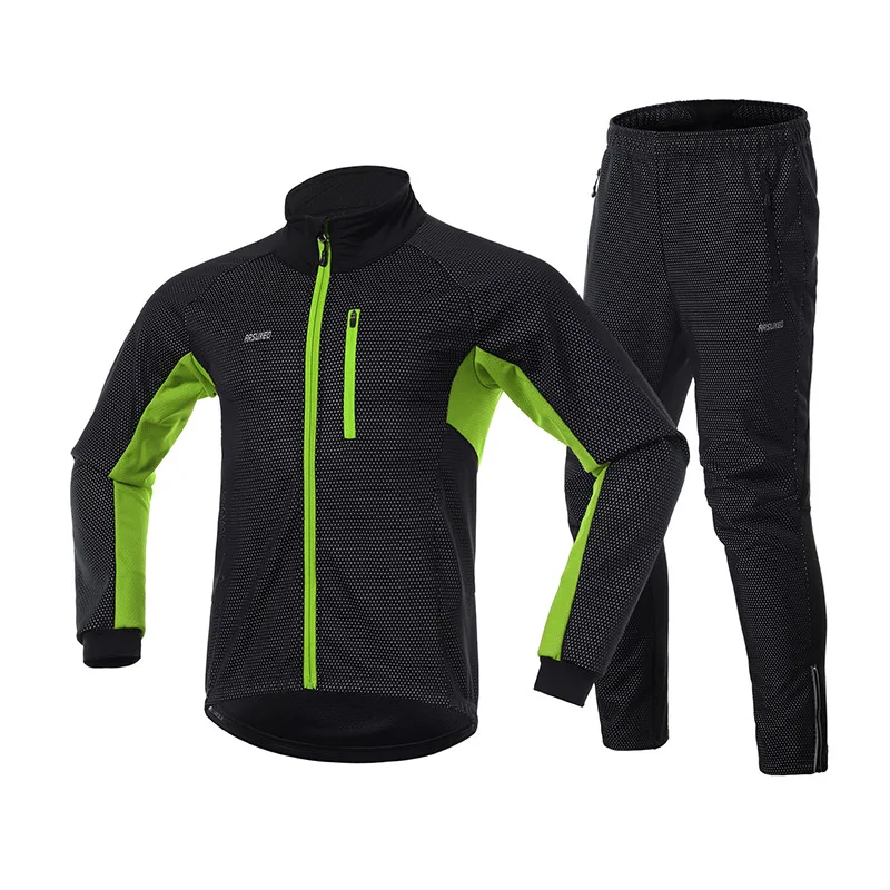 green suit ARSUXEO Мужская Зимняя Теплая Флисовая велосипедная куртка+ штаны Cyling комплект ветрозащитная Водонепроницаемая велосипедная куртка MTB брюки велосипедный костюм - Цвет: green suit
