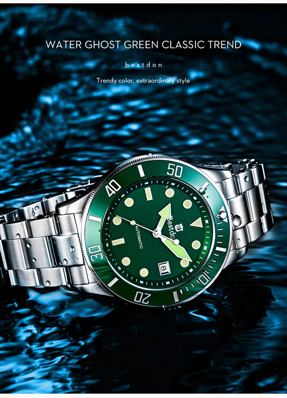 Bestdon Luxury Green Water Ghost Mechanical Watch Men Automatic Brand Replica Sports Man Watches Relogio Masculino New