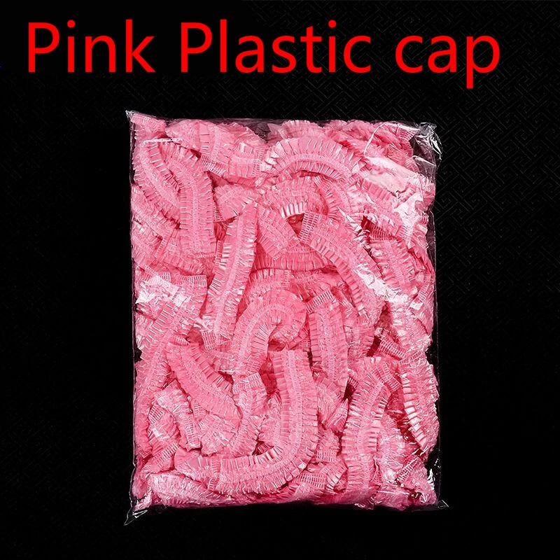 Pink Plastic cap 100 шт Двойная лента Нетканые одноразовые шапочки для душа плиссированные Анти-пыль шляпа для женщин и мужчин для ванны для спа-салона Аксессуары для красоты - Цвет: Pink Plastic cap