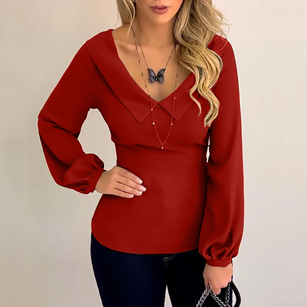 

Feitong Burgundy Plunging Neck Surplice Solid Top Women Elegant Blouse Ladies Long Sleeve Shirts 2019 Womens Tops And Blouses