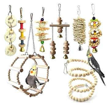 

Hot Sale 8PCS Wooden Parrots Toys Pet Bird Toys Set Bird Ladder