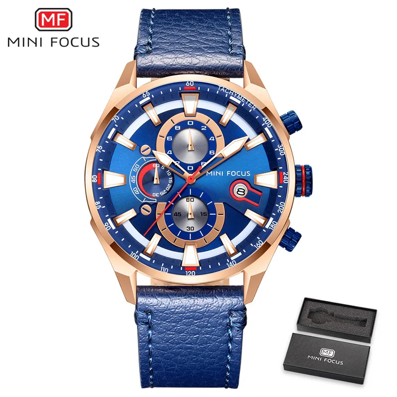 Blue with Box Relogio Masculino MINIFOCUS мужские часы для роскошного бренда спортивные кварцевые часы повседневные водонепроницаемые часы мужские наручные часы с хронографом - Цвет: Blue with Box