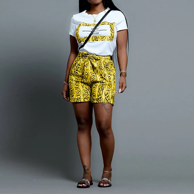 

Women's Tracksuit Snake Skin Print Sexy 2 Piece Set O Neck Short Sleeve Top And Bodycon Shorts Suits Vintage Outfits Lady Cloth