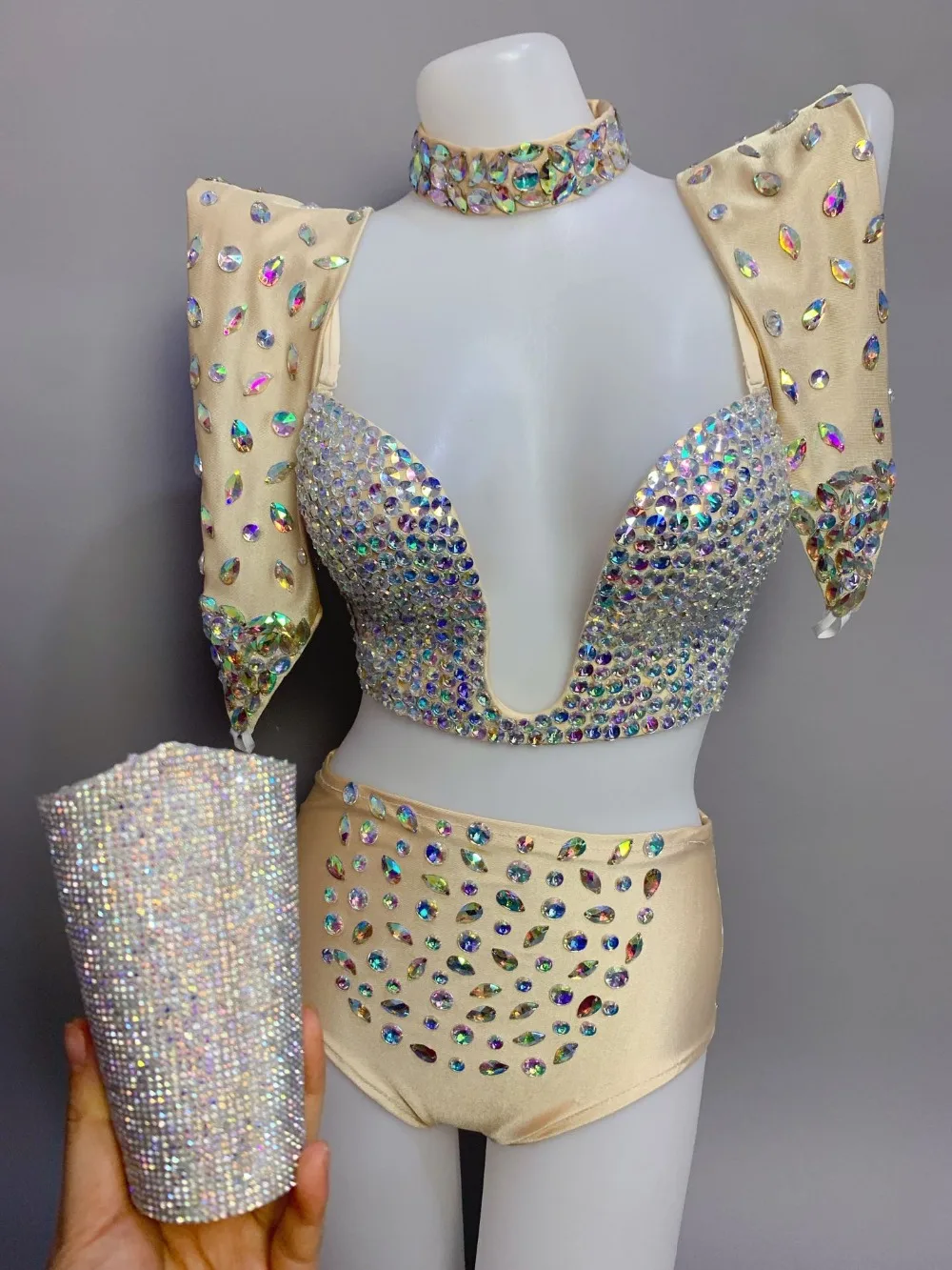 Многоцветный Бюстгальтер со стразами короткие перчатки комплект одежды для женщин певица сексуальный Набор белья бикини бар танец Выпускной комплект одежды