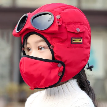 

Children Hat Winter Fur Boy Bomber Hats Windproof Thick Warm Girls Snow Cap Face Mask Goggles Earflap Ushanka Hats