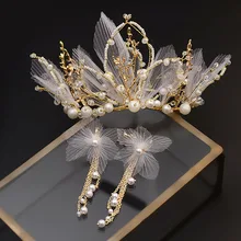 Элегантная повязка на голову с жемчужным цветком Корона и серьги для невесты Свадебные короны принцессы феи круглая диадема аксессуары для волос