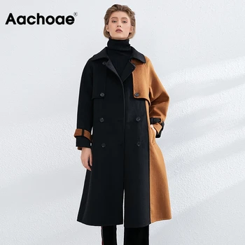 

Aachoae Women Patchwork 100% Wool Long Coat With Belt 2020 Vintage Long Sleeve Pockets Jacket Winter Double Breasted Outerwear