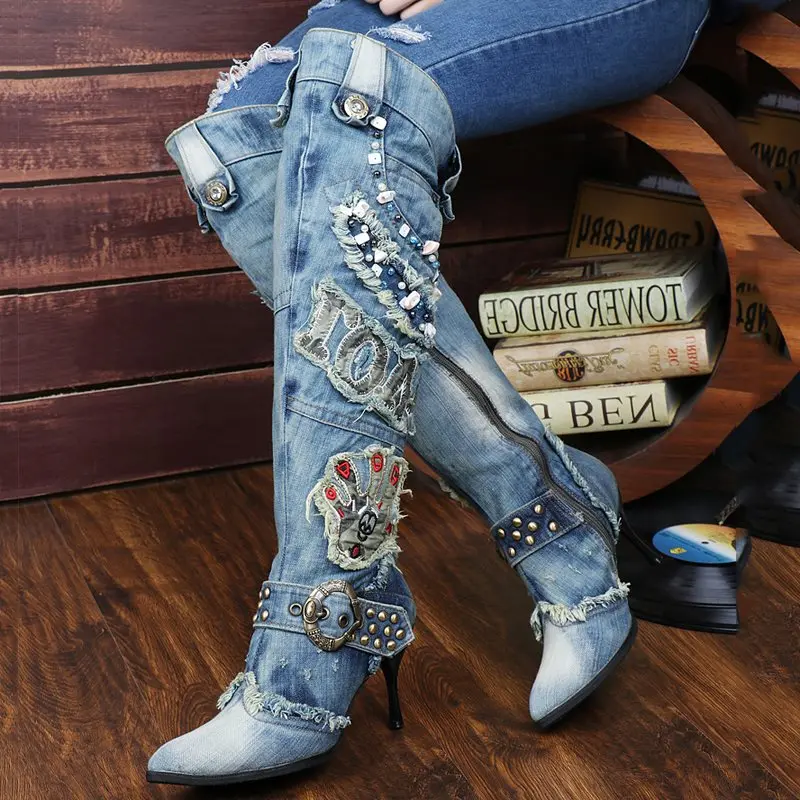 

Unmatched Print Buckle Knee High Boots Denim Side Zipper Point Toe Shoes 2019 Autumn/Winter Punk Retro Patchwork Riding Boots